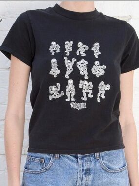 John Galt Brandy Melville Charcoal Black Dancing Skeleton Santa Monica Baby Tee